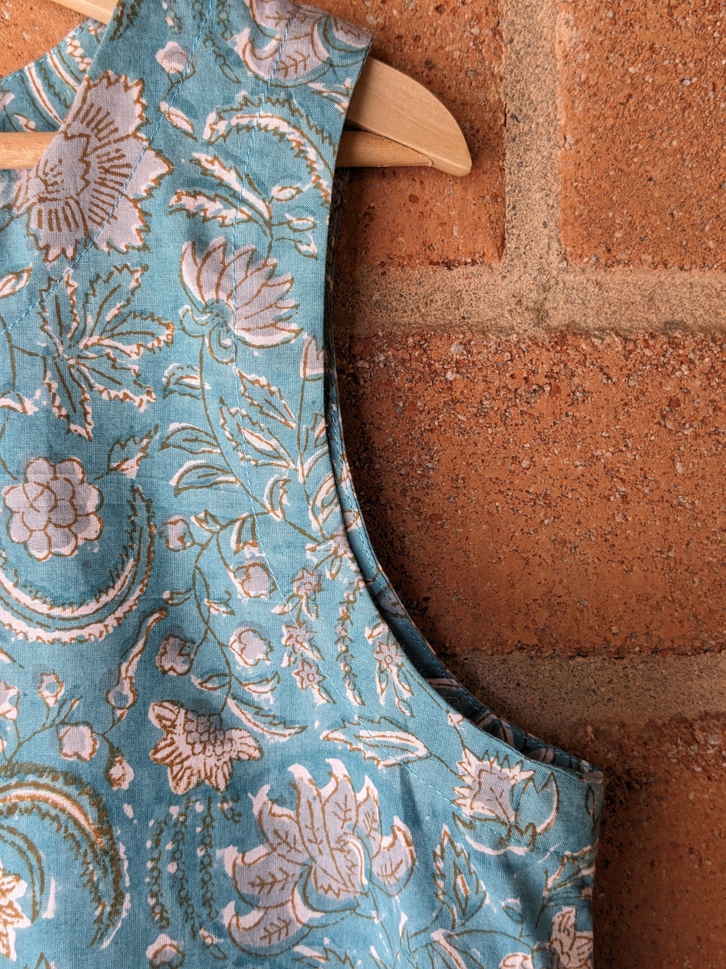 Women's Cotton Sleeveless Top - Block Print - Blue - Close up Image