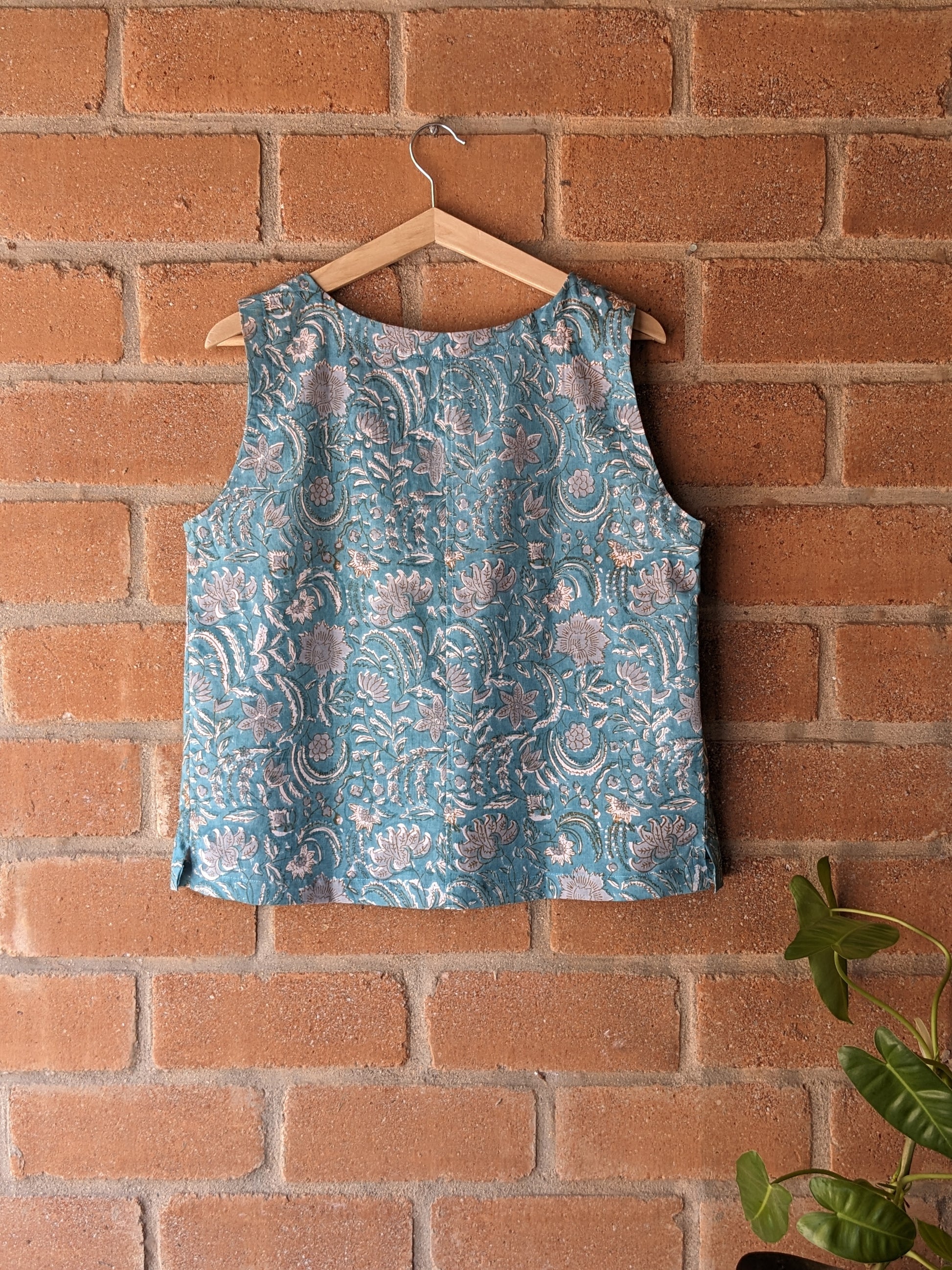 Women's Cotton Sleeveless Top - Block Print - Blue - Back Image