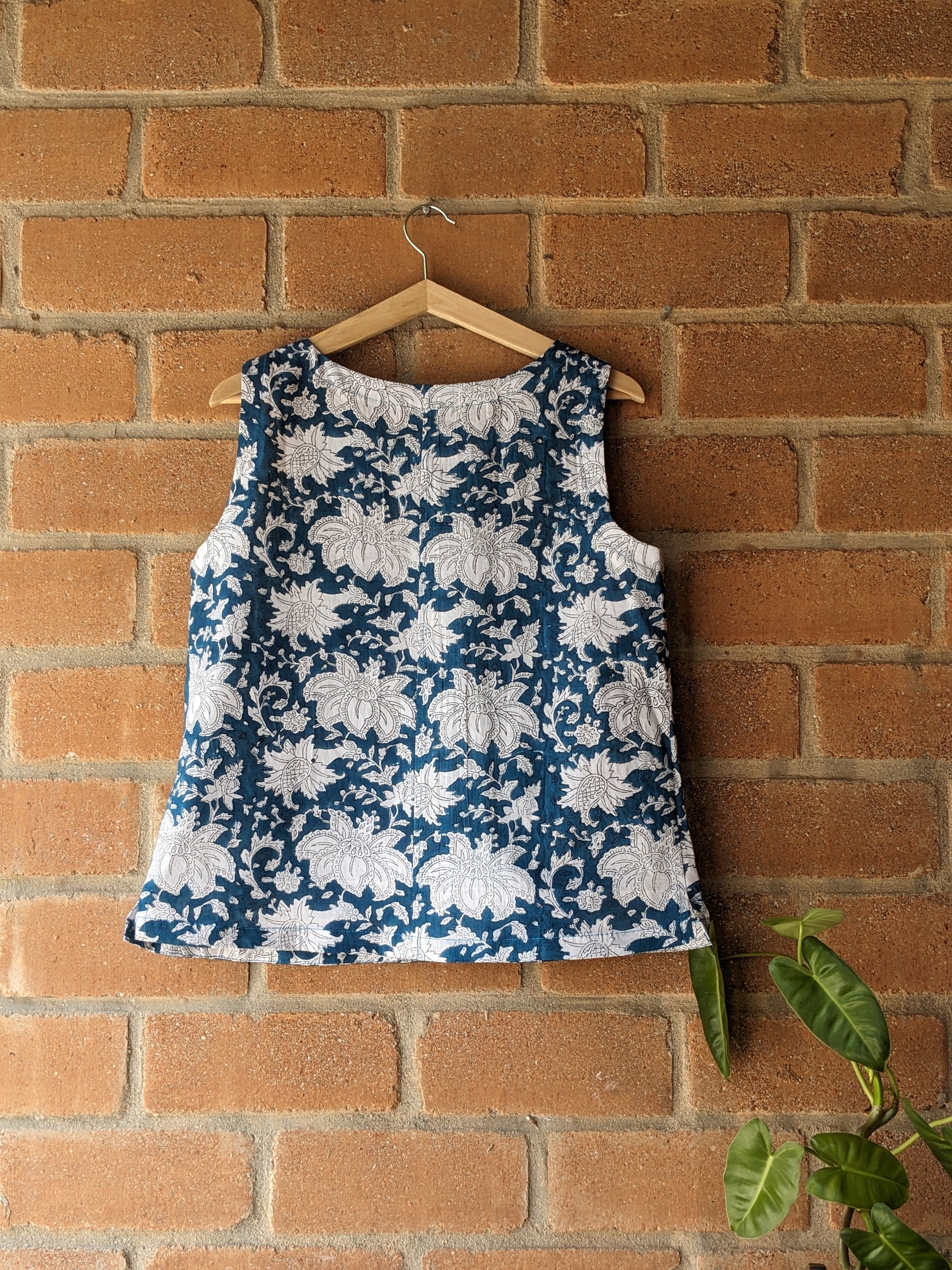 Women's Cotton Sleeveless Top - Block Print - Blue & White - Back Image