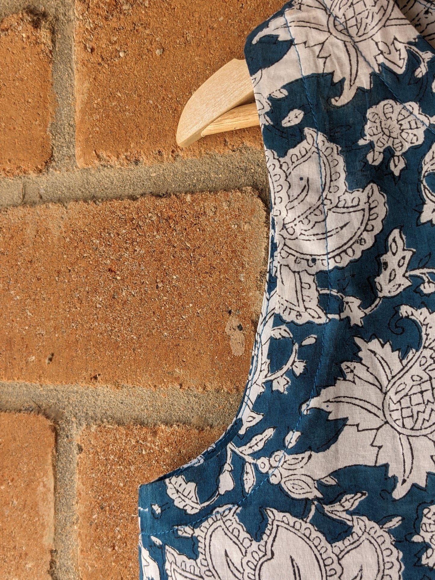 Women's Cotton Sleeveless Top - Block Print - Blue & White - Closeup Image