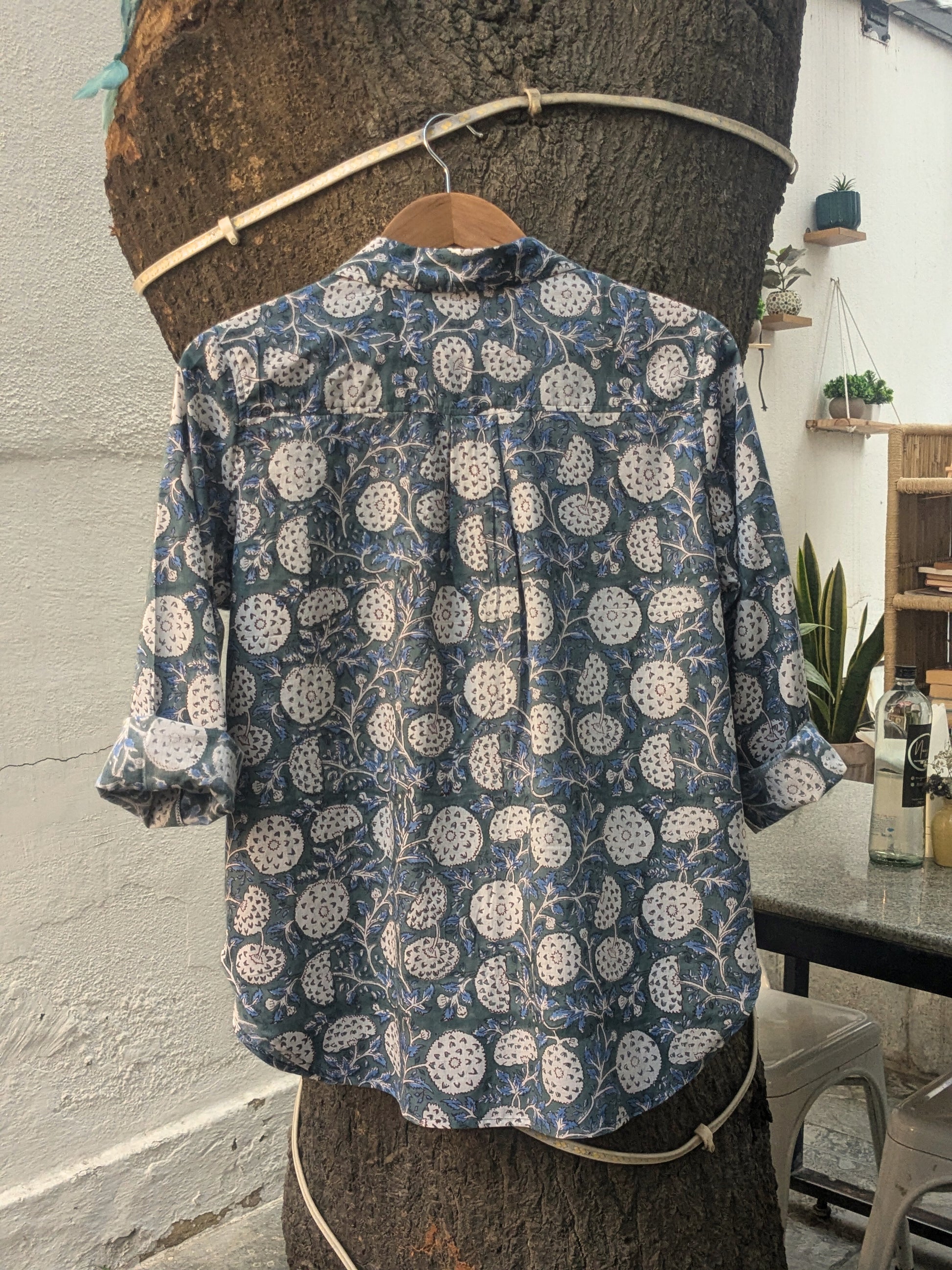 Women's Regular Block Print Cotton Shirt, Full Sleeves in Dark Teal  - Back View