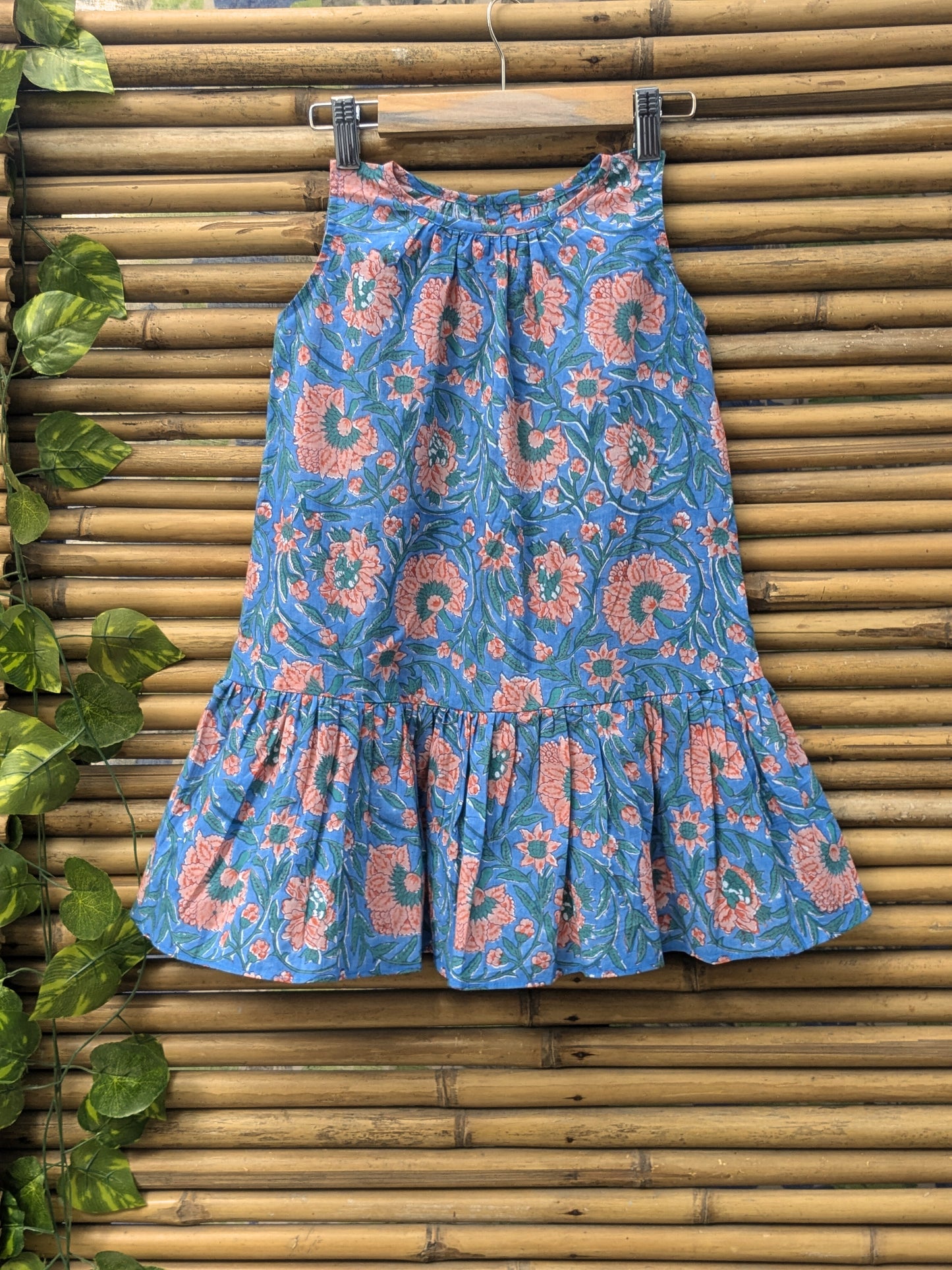 Girls cotton sleeveless dress in blue and orange - front image