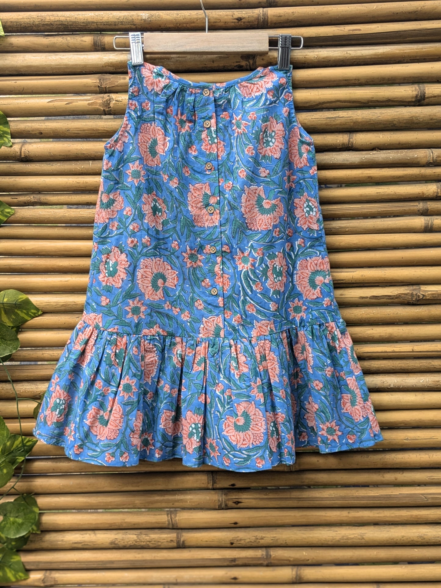 Girls cotton sleeveless dress in blue and orange - back  image