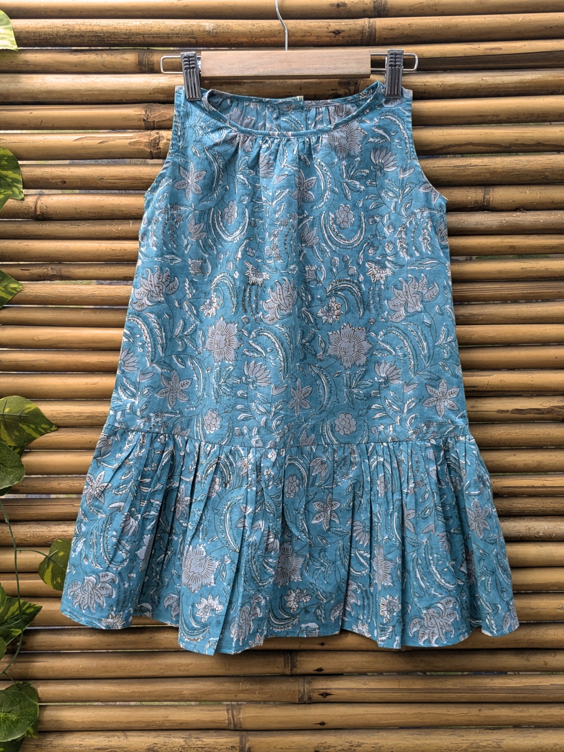 Girls cotton sleeveless dress  in blue - front image