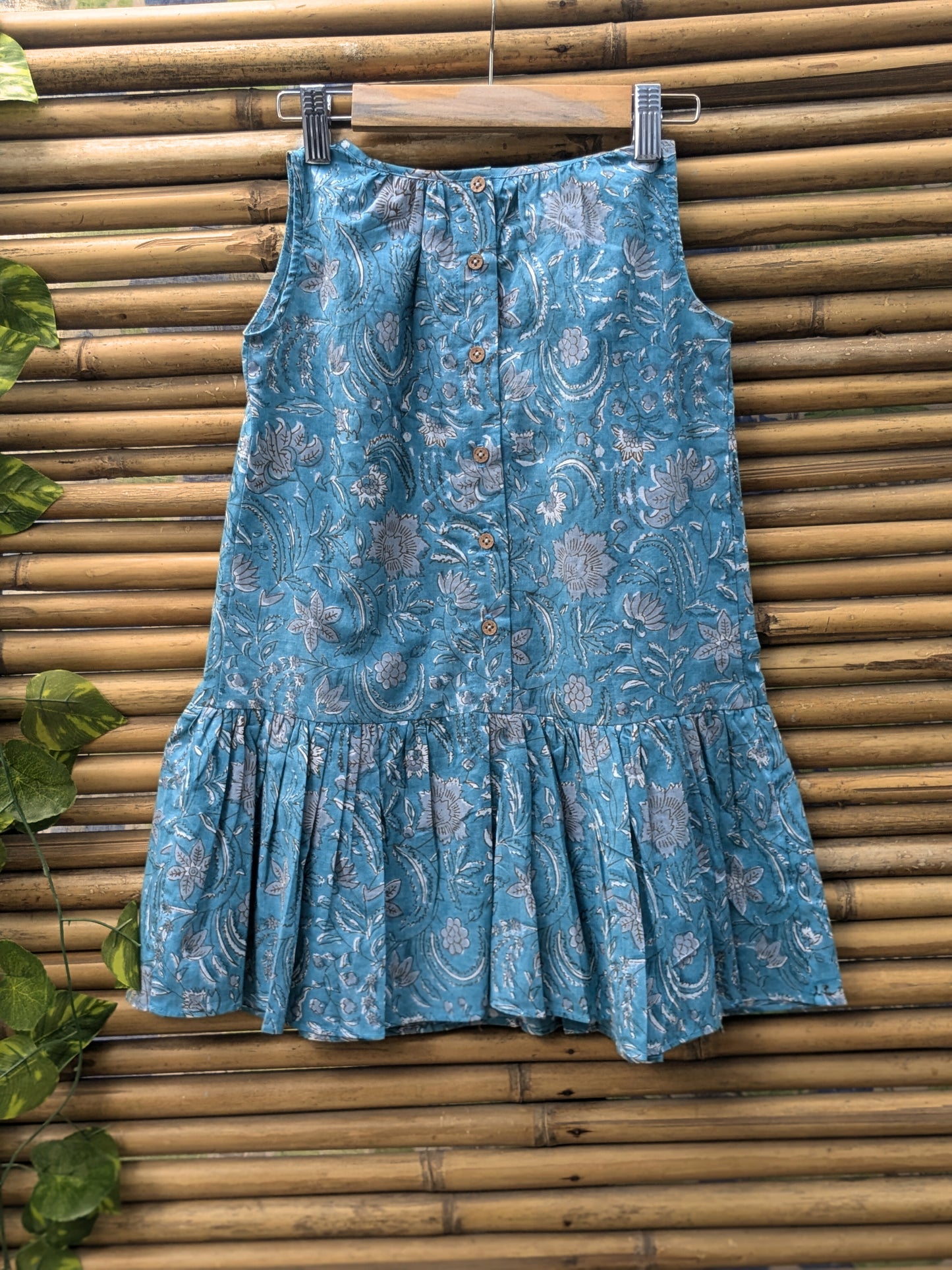 Girls cotton sleeveless dress in blue - back image