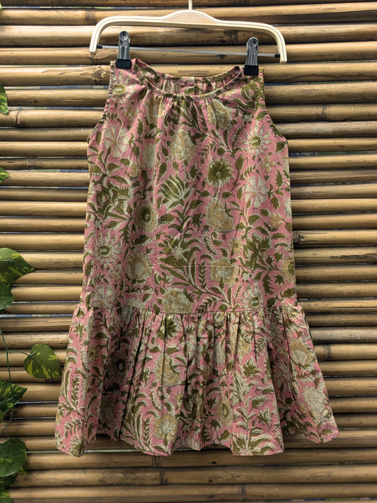 Girls sleeveless dress in green and pink - front image