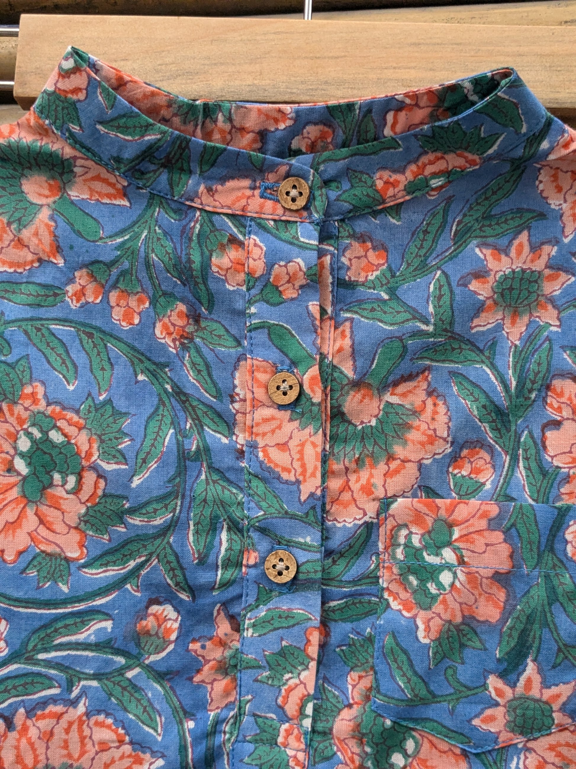 Boys Cotton Full Sleeves Shirt in Blue and Orange - Closeup Image