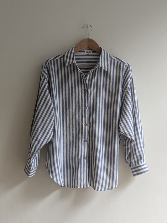 Women's oversize full sleeves shirt in blue stripes - front image