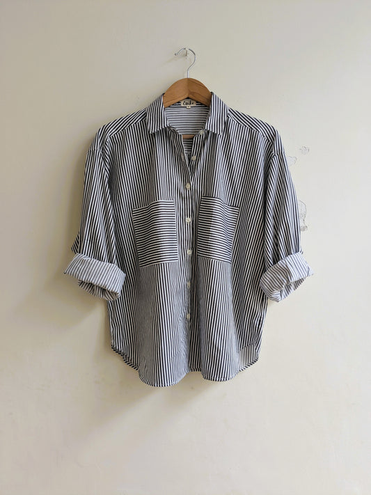 Women's oversized cotton shirt in black stripes with full sleeves and pocket - front image