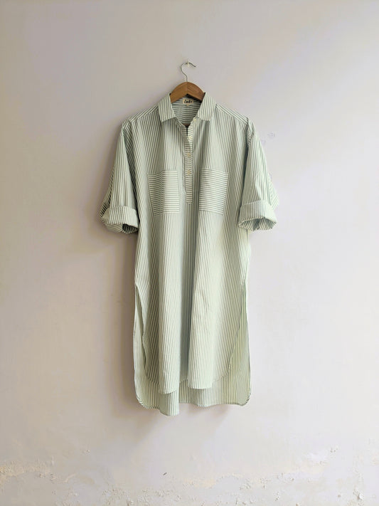 Women's cotton kurta, full sleeves in green stripes - front image