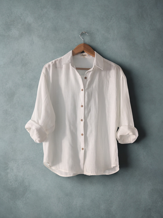Women's cotton oversized shirt in  full sleeves, white - Front Image