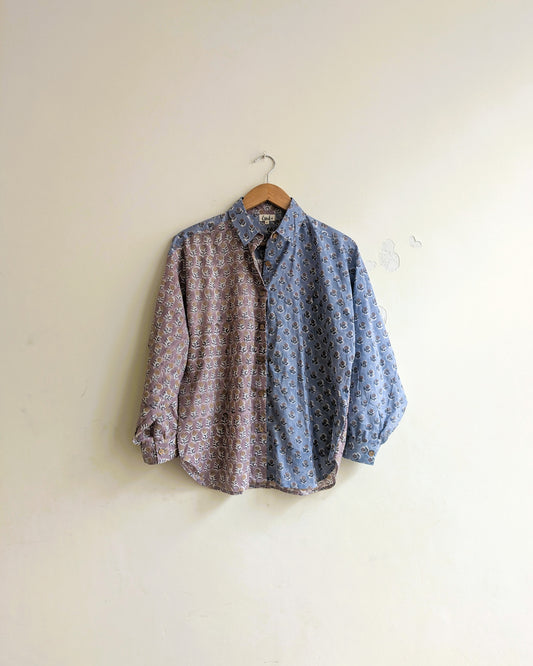 Women's oversized shirt in block print cotton in two colours, pink and blue  - Front image