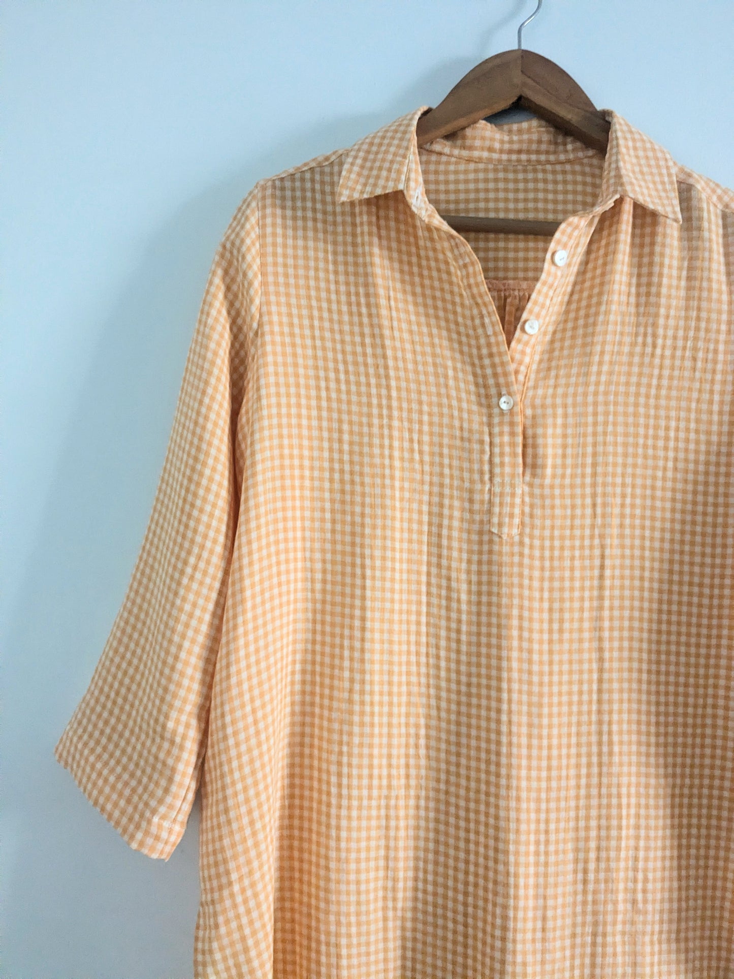 Women's cotton regular kurta in yellow checks with collar and 3/4th sleeves - closeup image