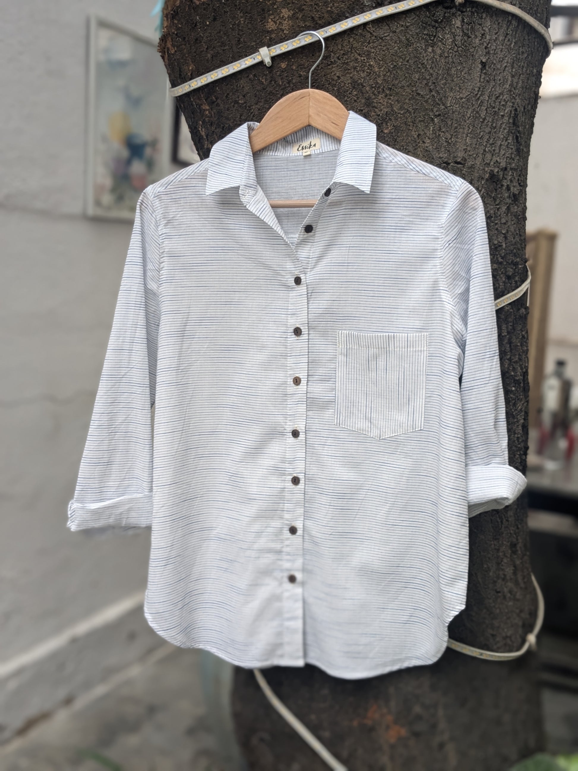 Women's Regular Malkha Cotton Shirt in White & Blue Stripes - Full Sleeves, Front View 