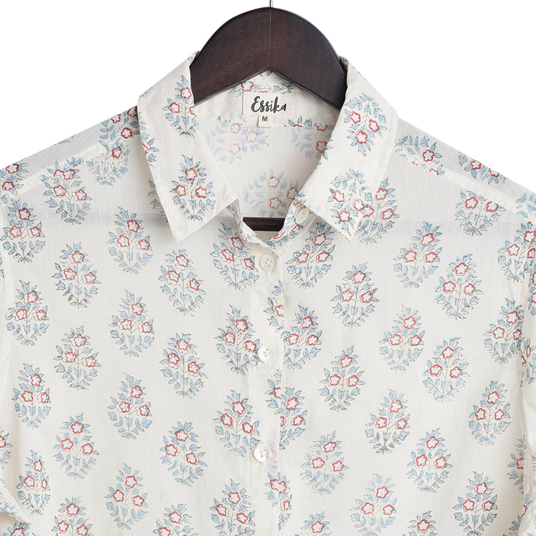 Cotton Regular Full Sleeves Teal & Red Block Print Shirt - close-up Image