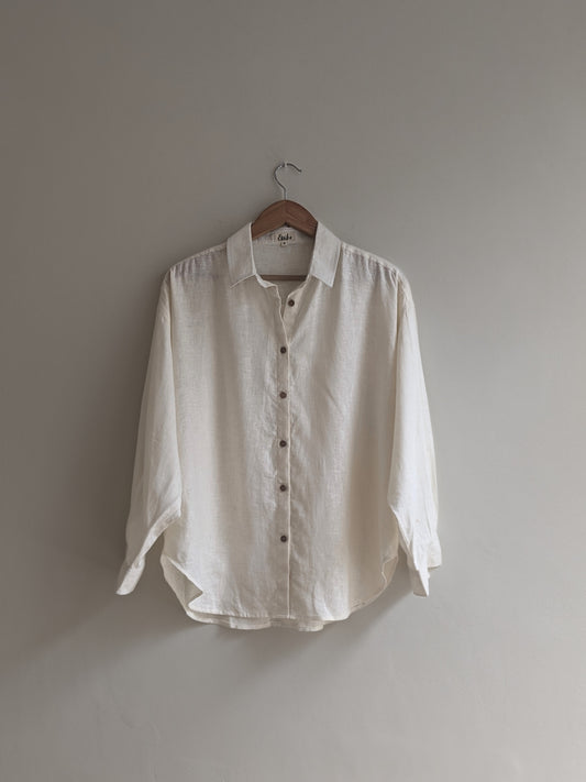 Women's oversize full sleeves shirt in white linen - front image