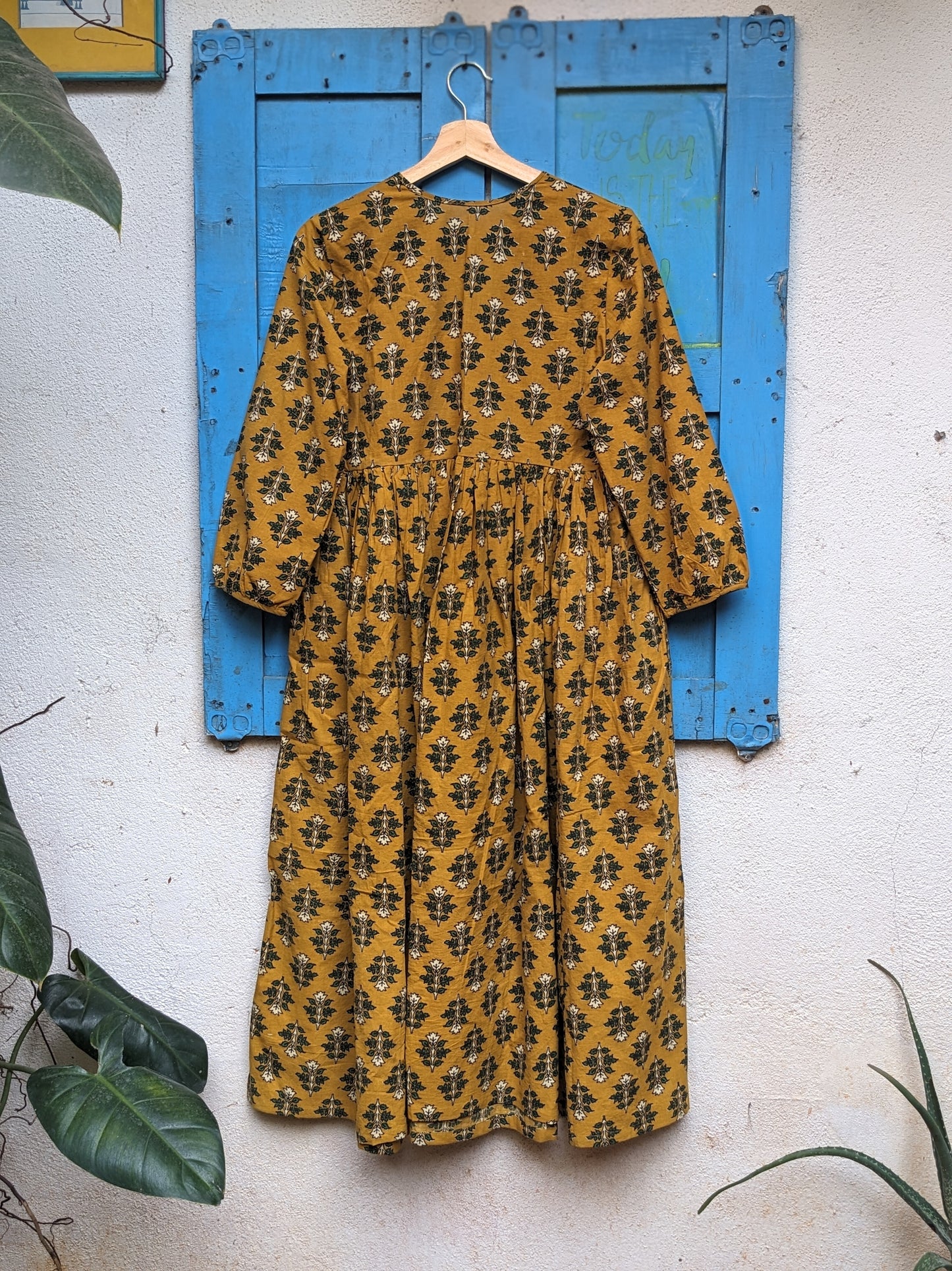 Women's cotton full length dress with 3/4th sleeves, floral block print - Back image
