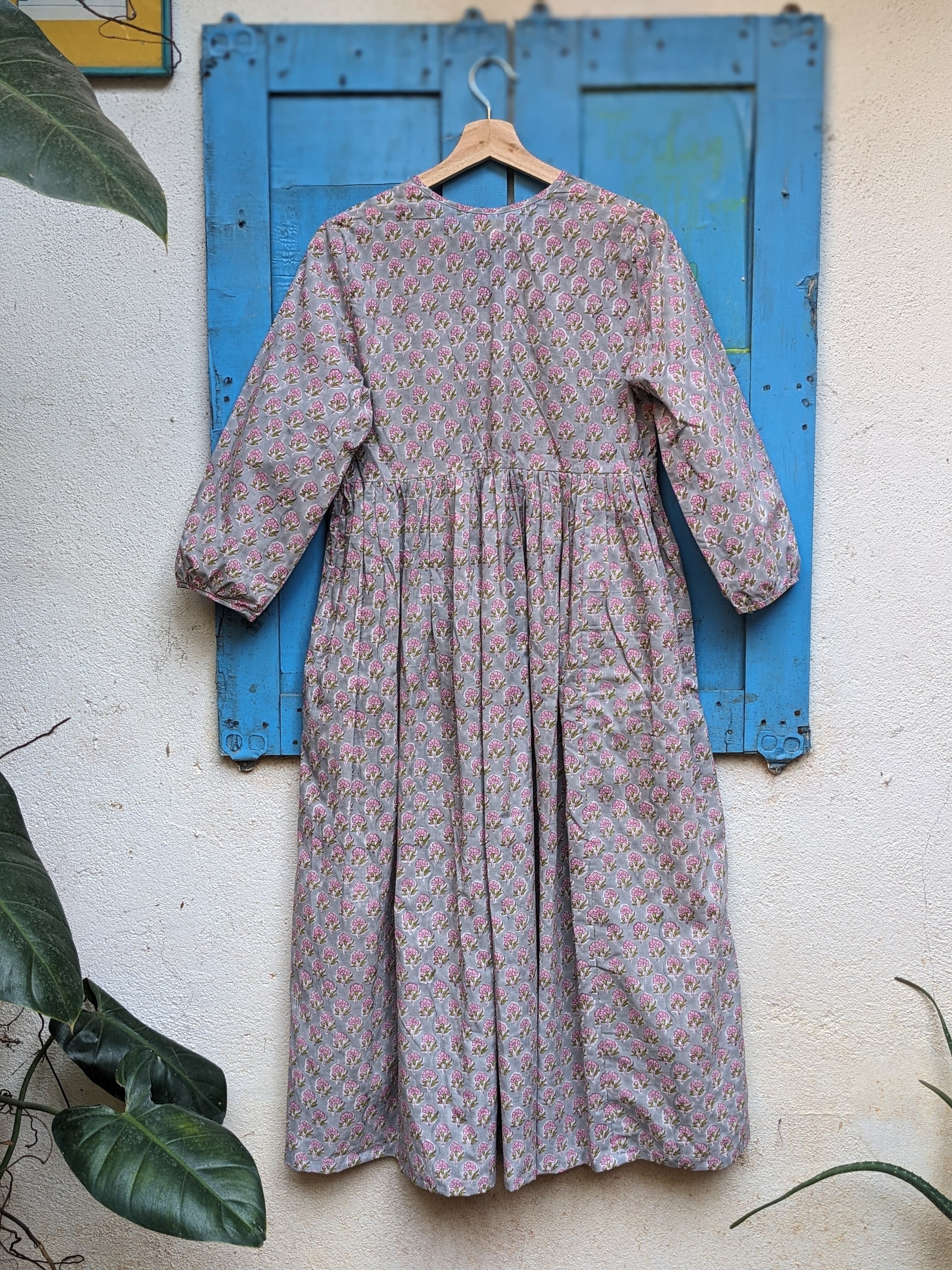 Women's cotton full length dress with 3/4th sleeves, floral block print - Back image