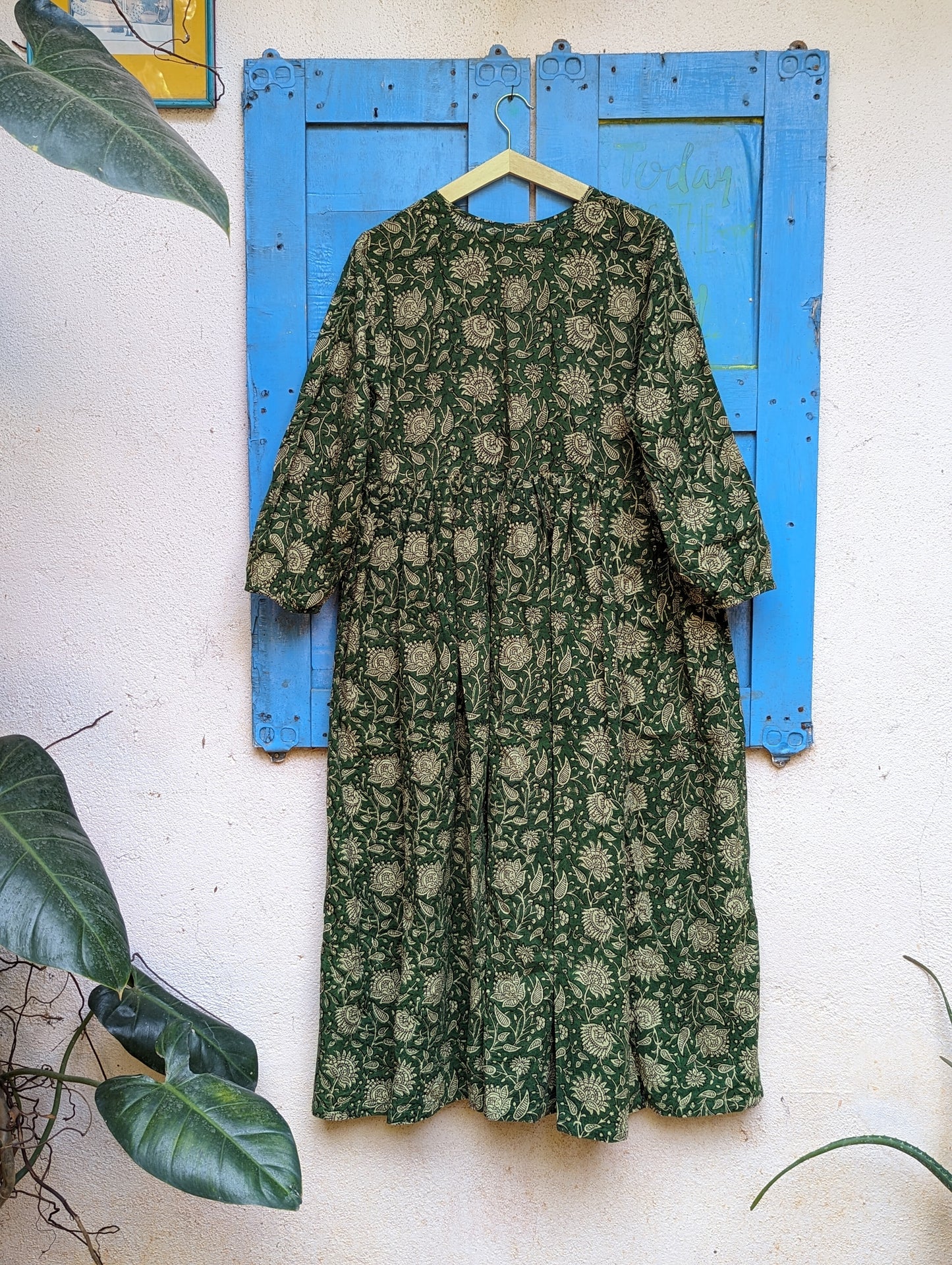 Women's cotton full length dress with 3/4th sleeves, block print - Back image