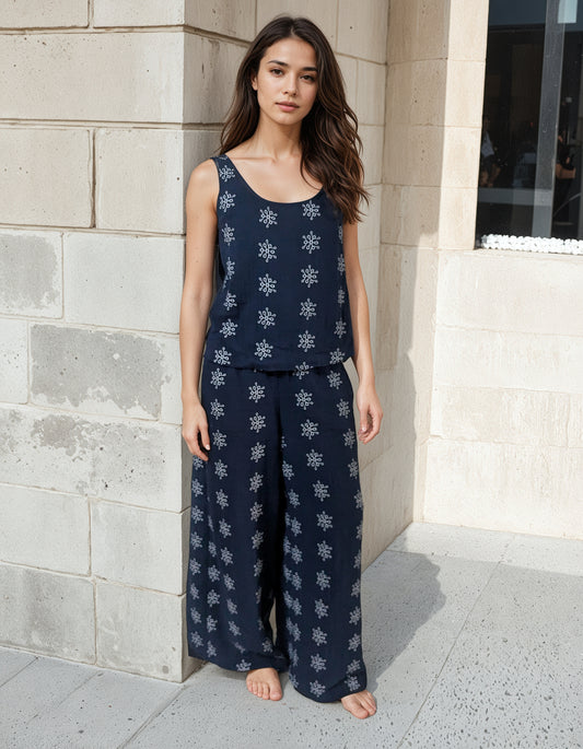 Women's tanks top with wide leg pants  cotton co-ord set in navy