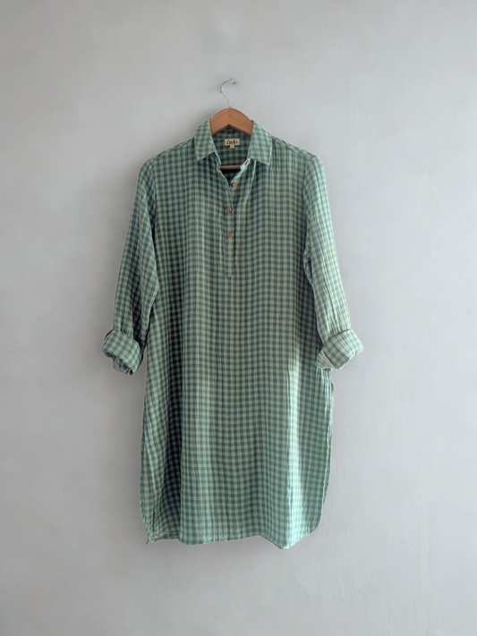 Women's Regular Kurta | Cotton Gauze | Green Checks