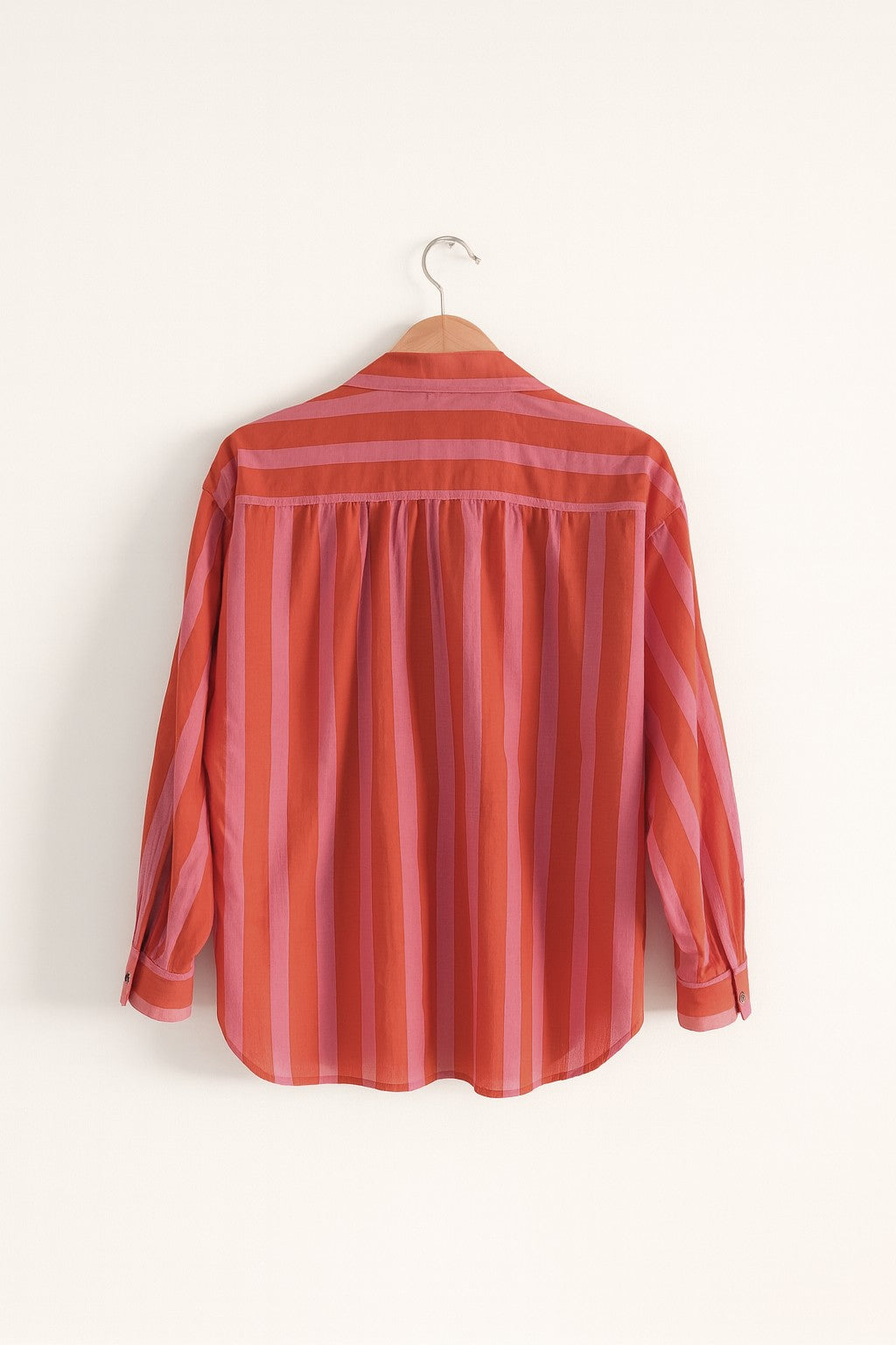 Women's cotton oversized shirt in red and pink stripes, full sleeves - back image