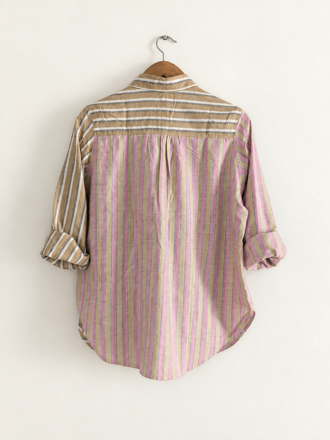 Women's regular shirt in mix stripes print, pink and sand -back image