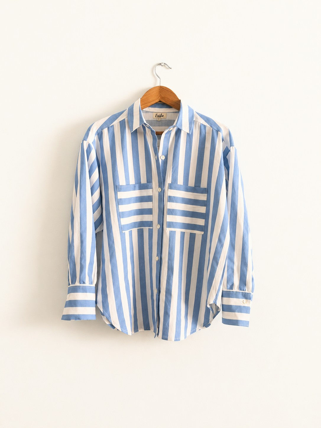 Women's oversized shirt in cotton linen with full sleeves in blue and white stripes  - Full front image