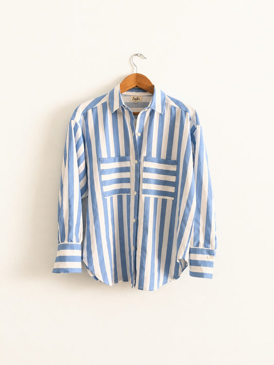 Women's oversized shirt in cotton linen with full sleeves in blue and white stripes  - Full front image