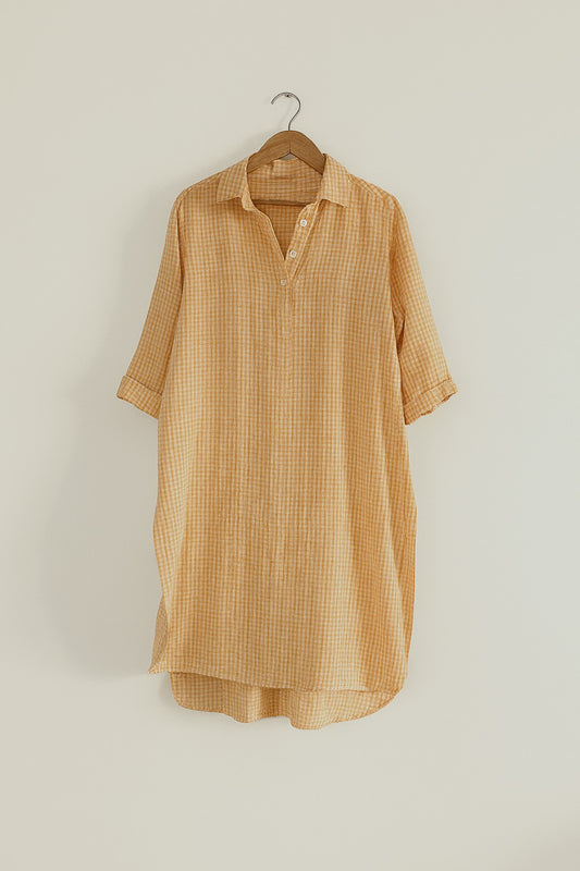 Women's cotton regular kurta in yellow checks with collar and 3/4th sleeves - front image