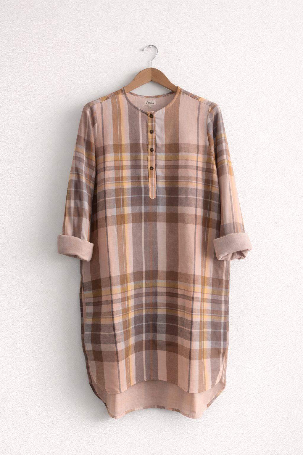 Women's regular cotton kurta with long sleeves and round next in brown checks - front image with sleeves rolled up