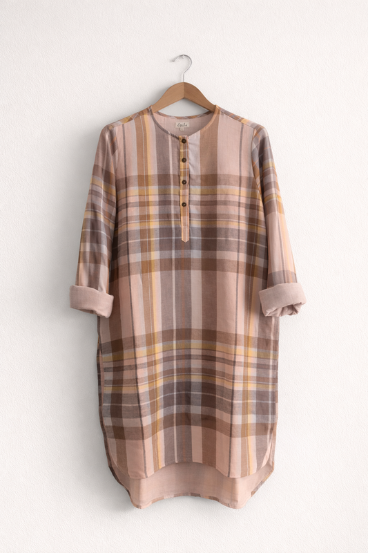 Women's regular cotton kurta with long sleeves and round next in brown checks - front image with sleeves rolled up