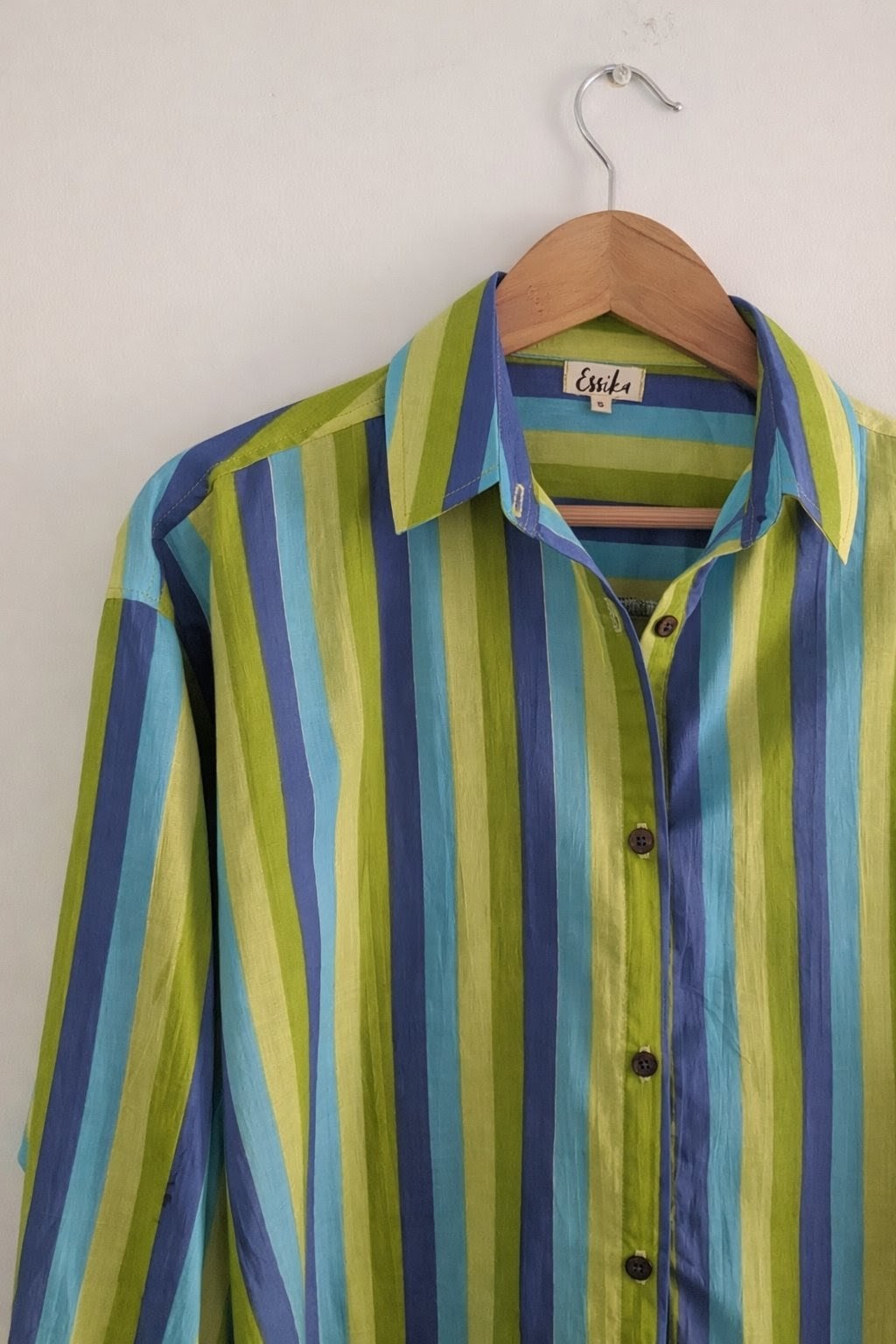 Women’s cotton oversized shirt in blue-green stripes, with full sleeves - closeup image