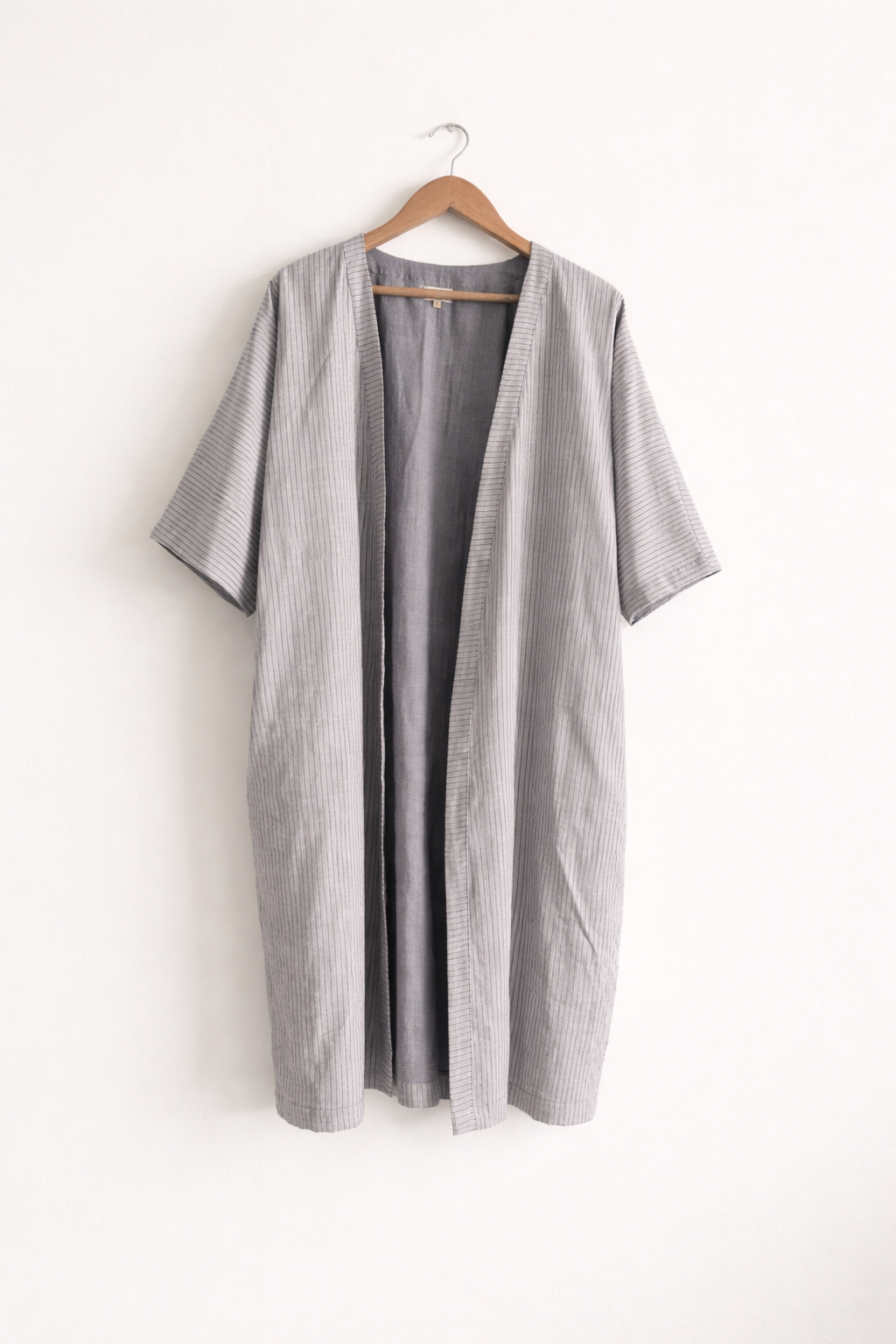 Dojo Wrap Long Coat in Grey Striped Cotton Double Cloth with Kimono Sleeves - Front image