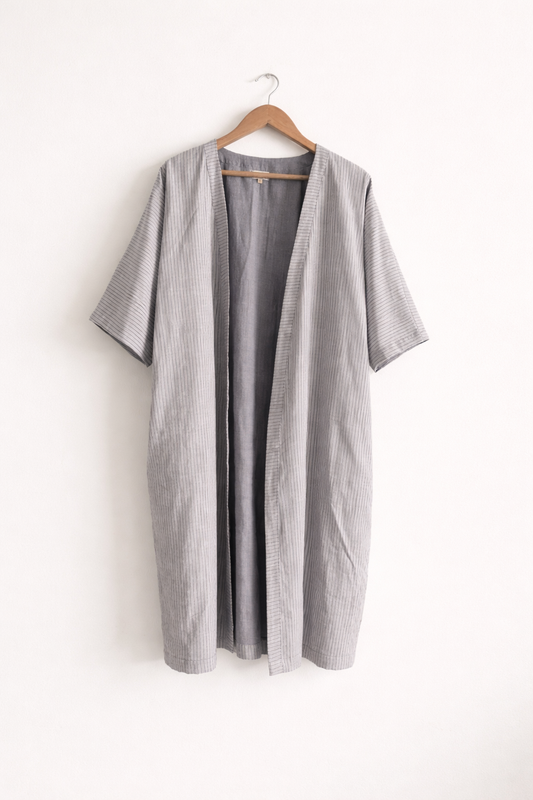 Dojo Wrap Long Coat in Grey Striped Cotton Double Cloth with Kimono Sleeves - Front image