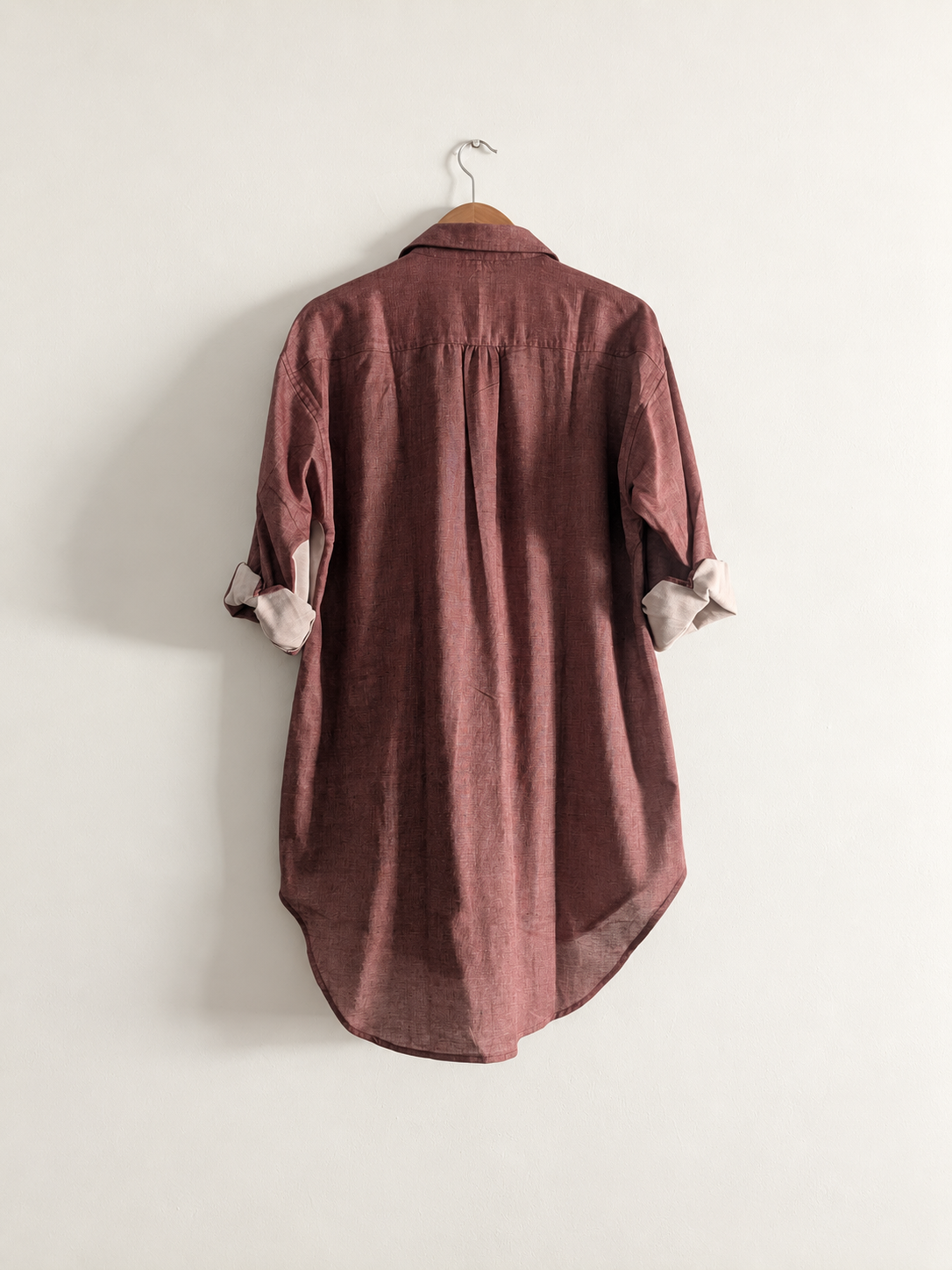 Women's oversized shirt dress in red and white, made with 100% cotton with full sleeves and collar  - back image