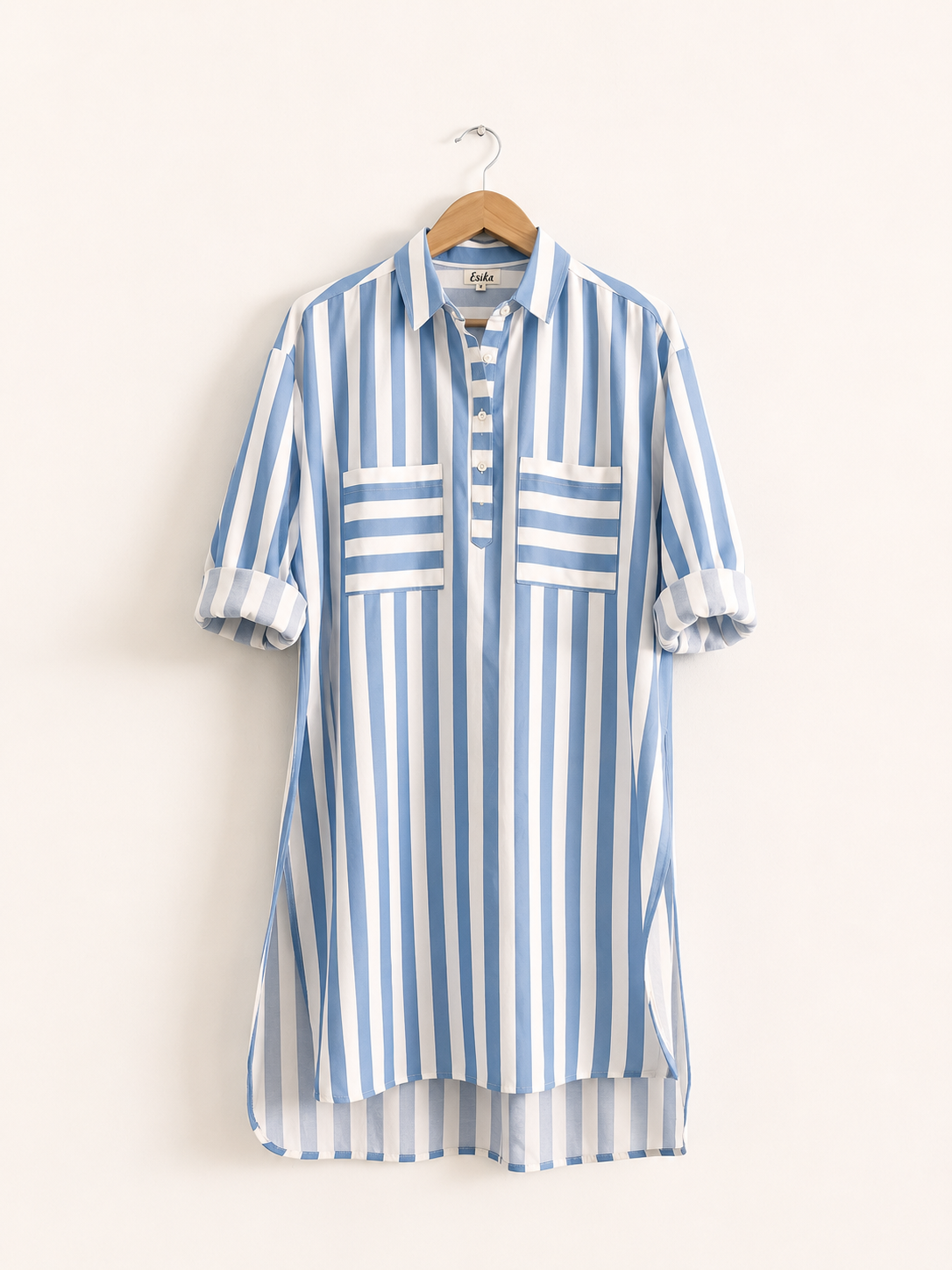 Women’s cotton oversized kurta in white and blue with full sleeves, cuffs, and a collar - front image
