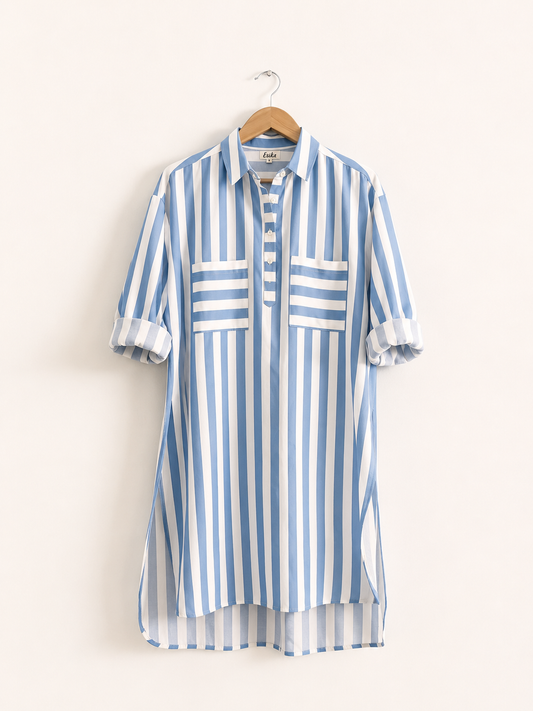 Women’s cotton oversized kurta in white and blue with full sleeves, cuffs, and a collar - front image