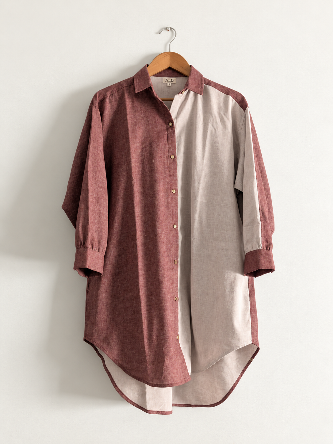 Women's oversized shirt dress in red and white, made with 100% cotton with full sleeves and collar  - front full image