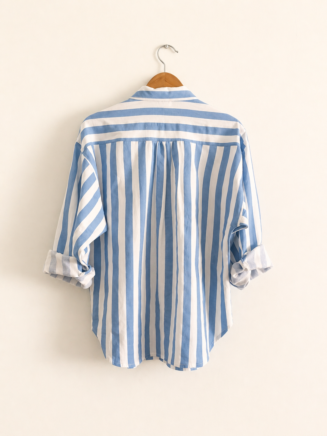 Women's oversized shirt in cotton linen with full sleeves in blue and white stripes  - back image