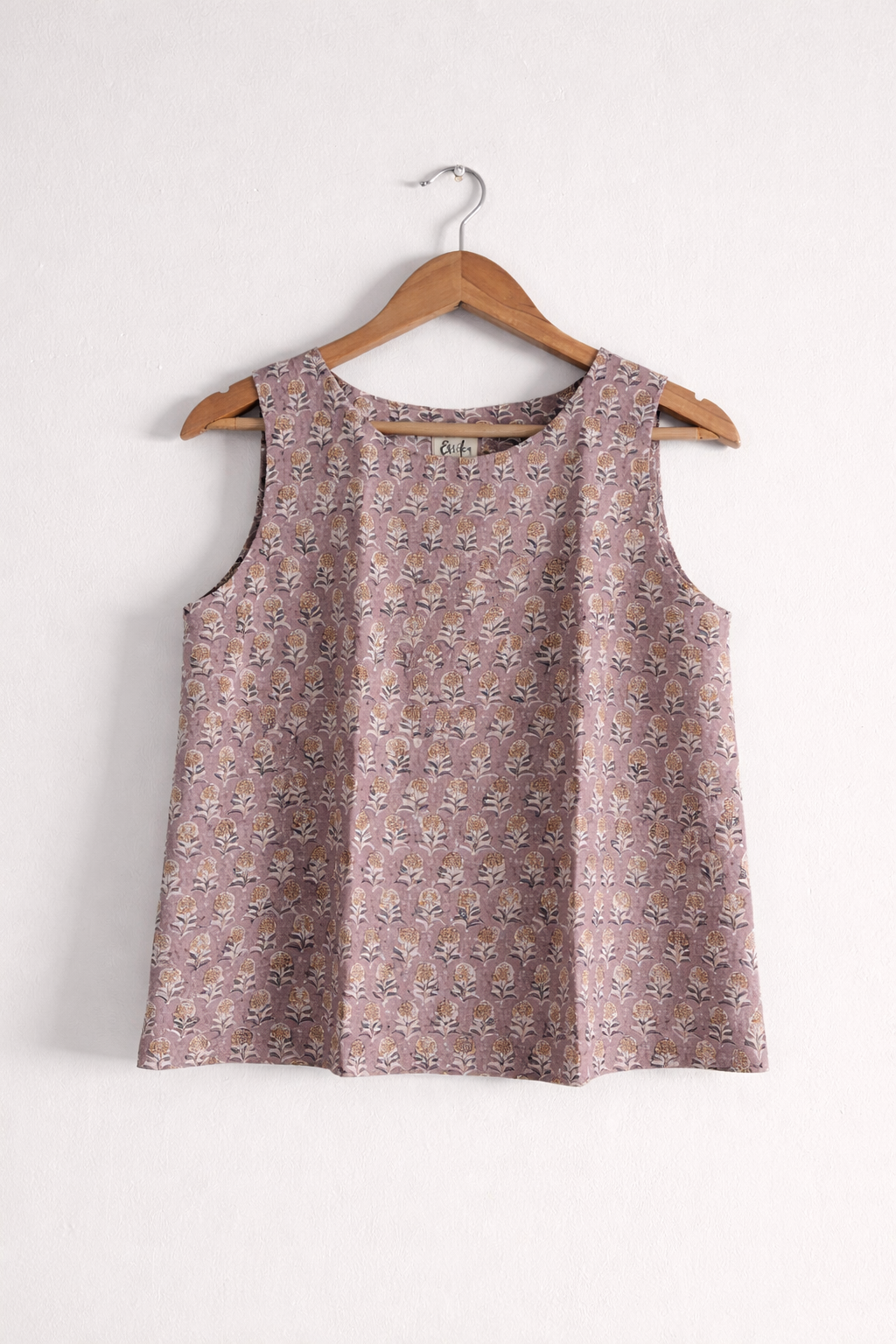 Women's sleeveless top in cotton block print in pastel mauve  - front image