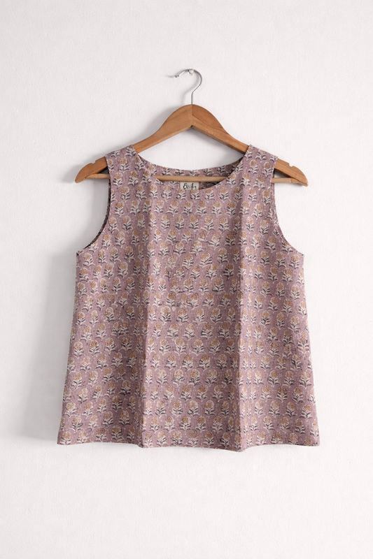 Women's sleeveless top in cotton block print in pastel mauve  - front image