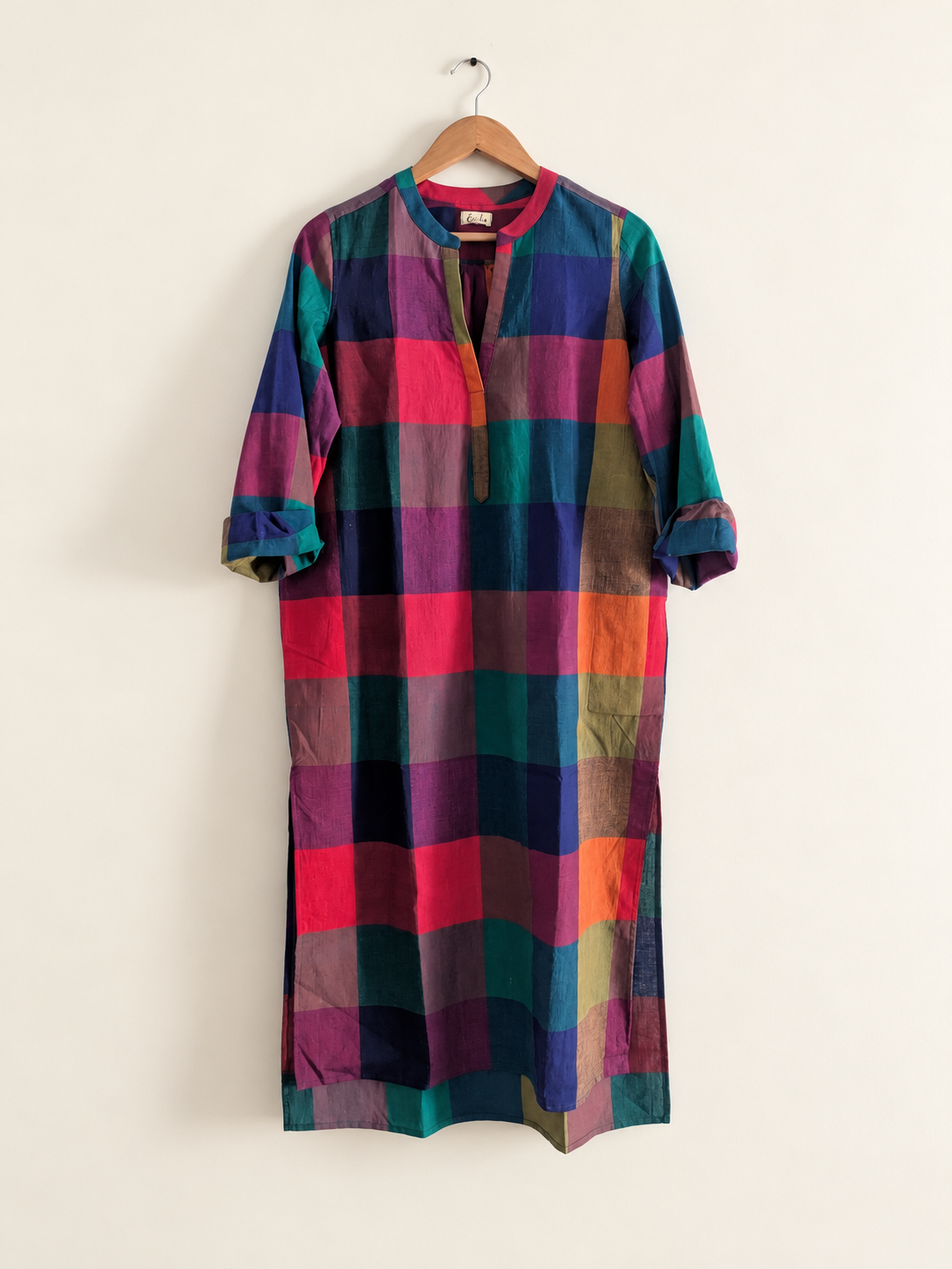 Women's  caftan in v neck, full sleeves and cuffs.  Made with 100% handloom cotton in multicolour checks - front image