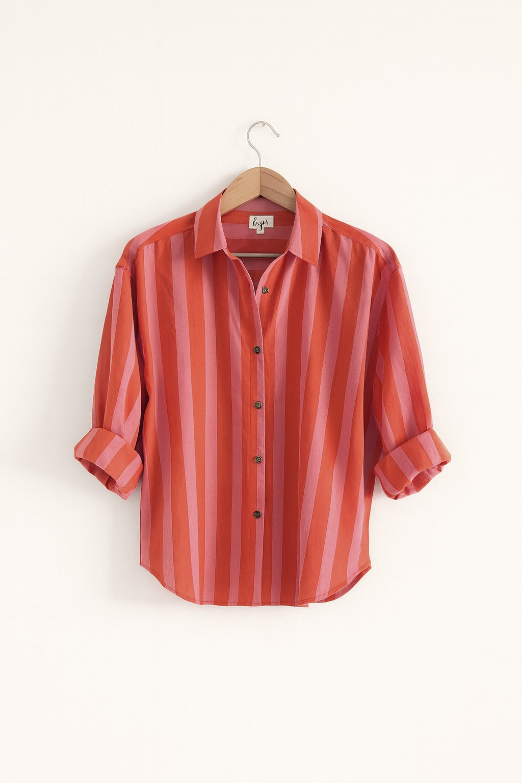 Women's cotton oversized shirt in red and pink stripes, full sleeves -front image