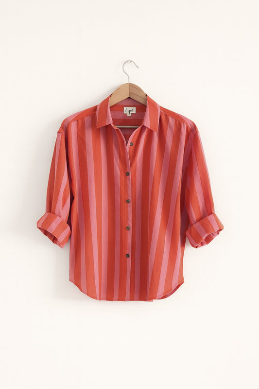 Women's cotton oversized shirt in red and pink stripes, full sleeves -front image