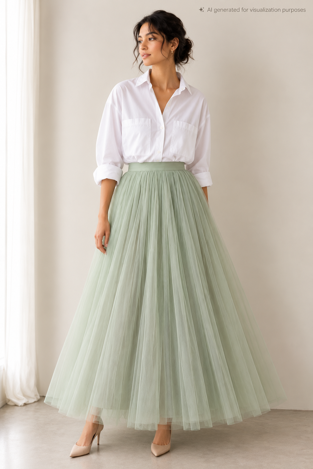 An oversized shirt with full sleeves and cuffs in white made with cotton poplin, features two  pockets in the front - model image
