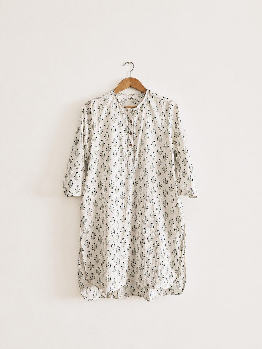 Women's regular cotton kurta in teal and indigo block print with round neck and 3/4 sleeves - front full image