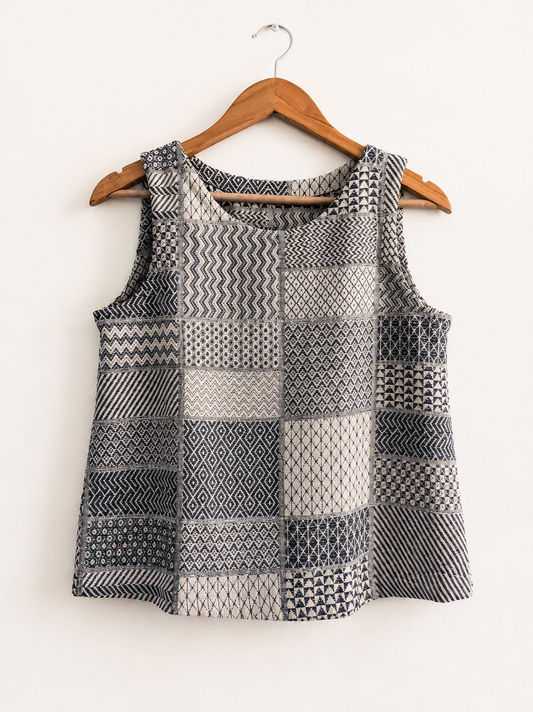 Women's sleeveless top in cotton jacquard, navy blue - front image