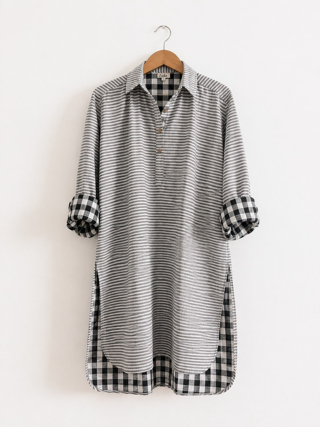 Women's cotton kurta with full sleeves and cuffs and collar in black stripes - front image