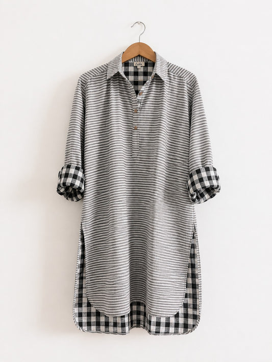 Women's cotton kurta with full sleeves and cuffs and collar in black stripes - front image